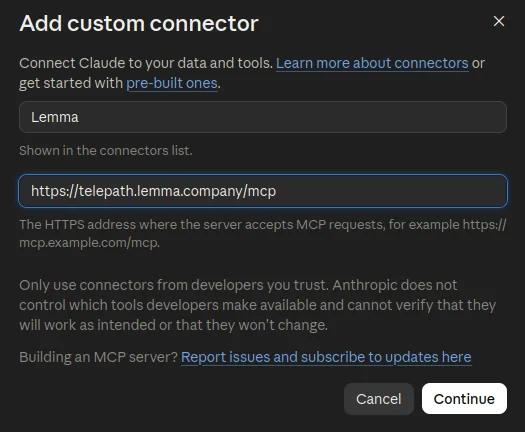 The Add custom connector dialog with a name and the server URL