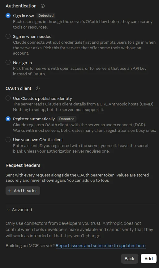 Authentication settings detected automatically