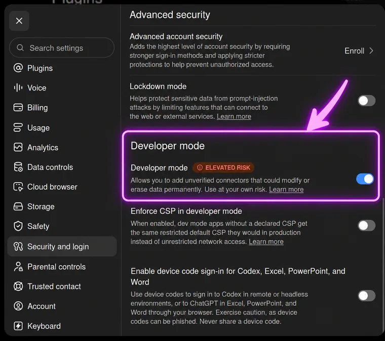 ChatGPT advanced security settings with Developer mode switched on