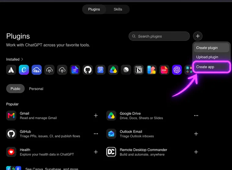 The plugins page with the plus menu open on Create app