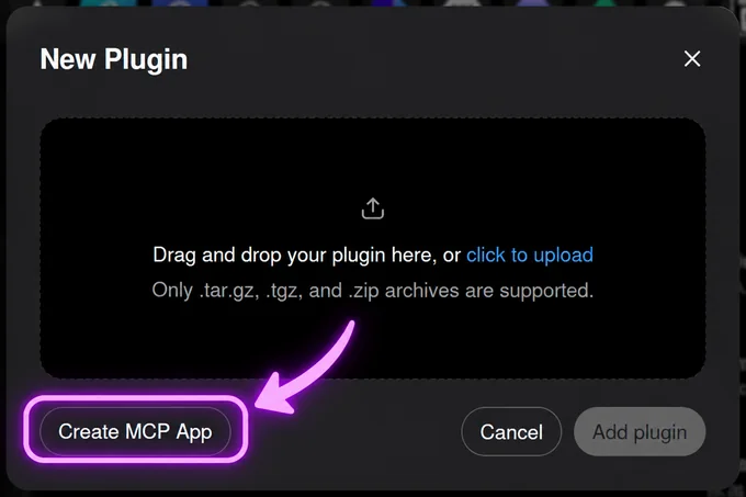 The New Plugin dialog with the Create MCP App button