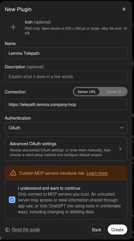 The MCP app form with the name, server URL and OAuth authentication filled in