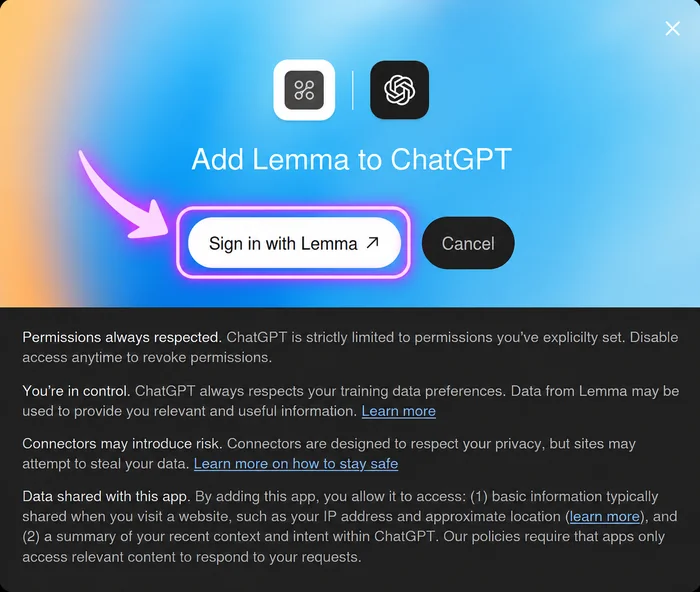 The Add Lemma to ChatGPT dialog with the Sign in with Lemma button