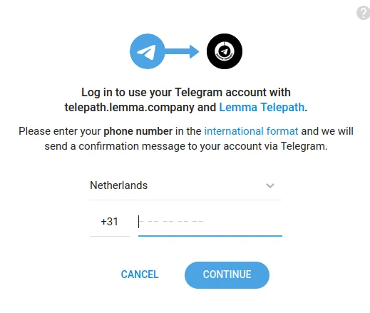 The Telegram login widget asking for a phone number