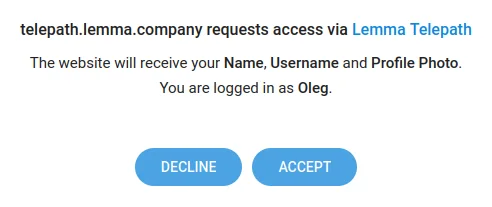 Telegram asking to grant access, showing name, username and profile photo