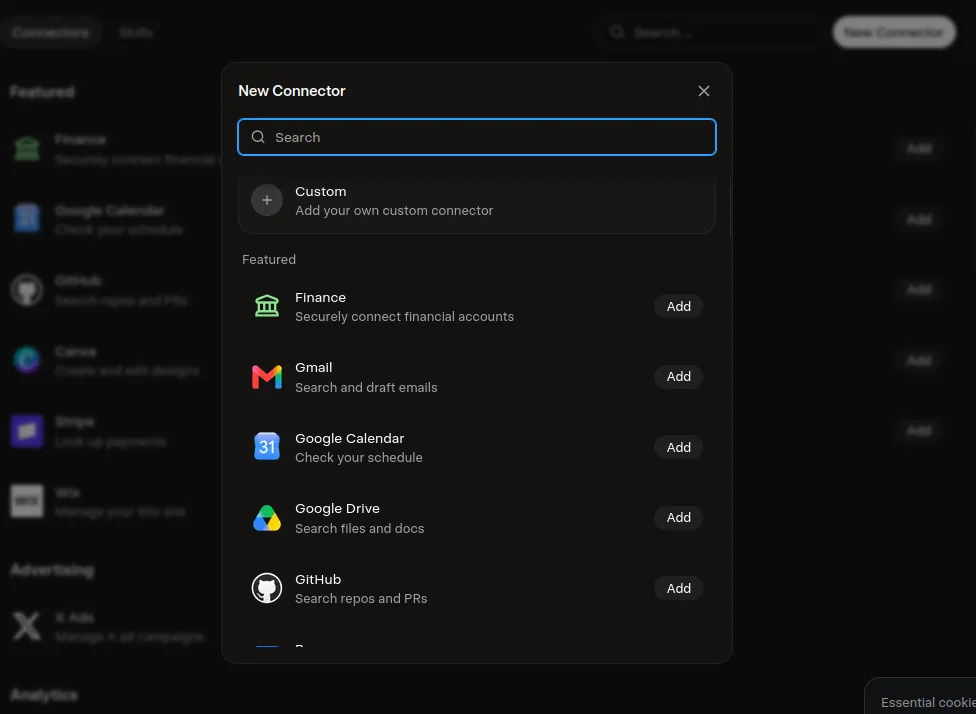 The New Connector window with Custom at the top of the list