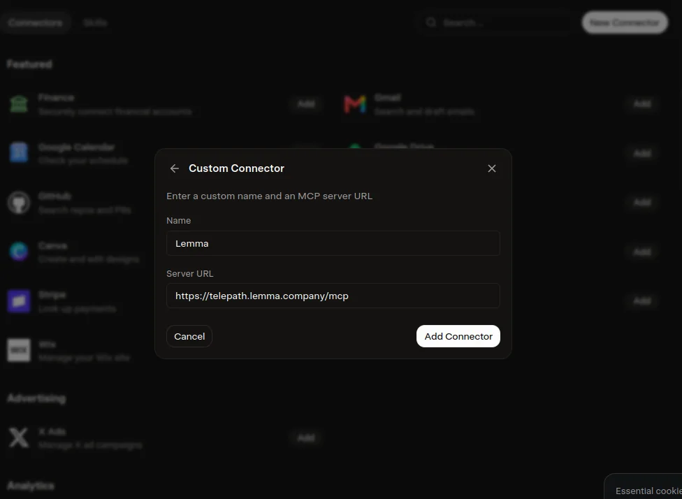 The Custom Connector dialog with a name and the MCP server URL