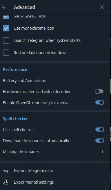 The Advanced screen with Export Telegram data at the bottom