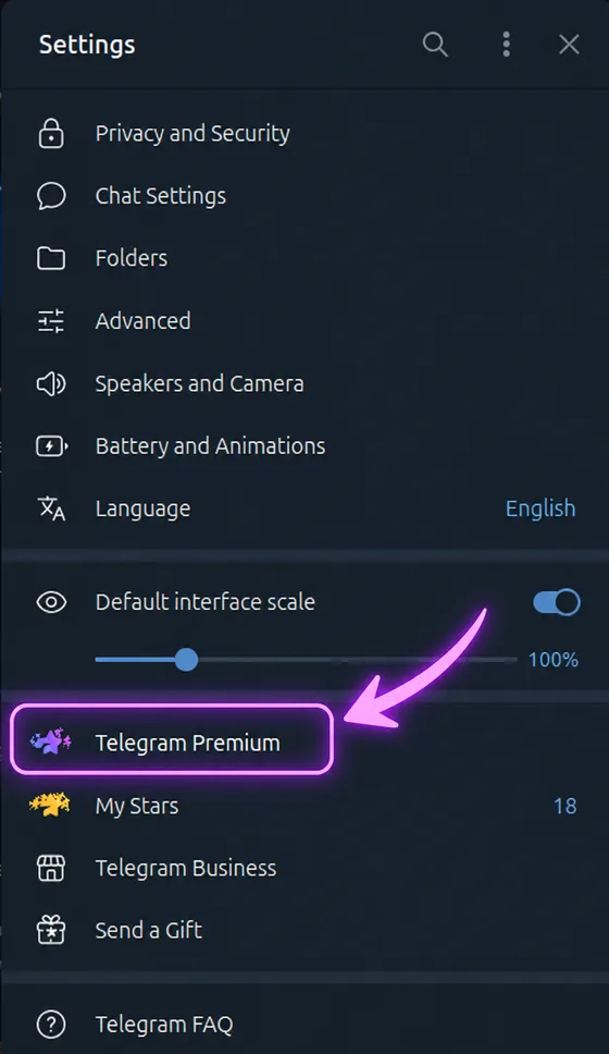 Telegram settings with Telegram Business below Telegram Premium