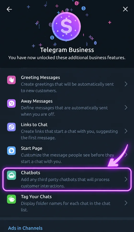 The Telegram Business menu with the Chatbots entry