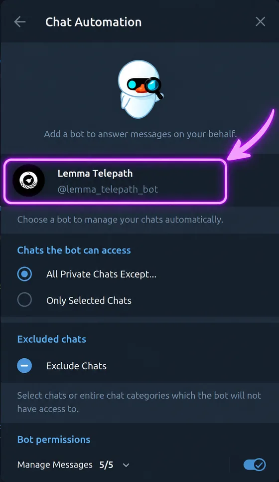 Chat Automation screen with Lemma Telepath selected and chat access options