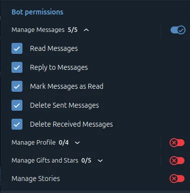 Bot permissions with Manage Messages enabled and profile, gifts and stories switched off